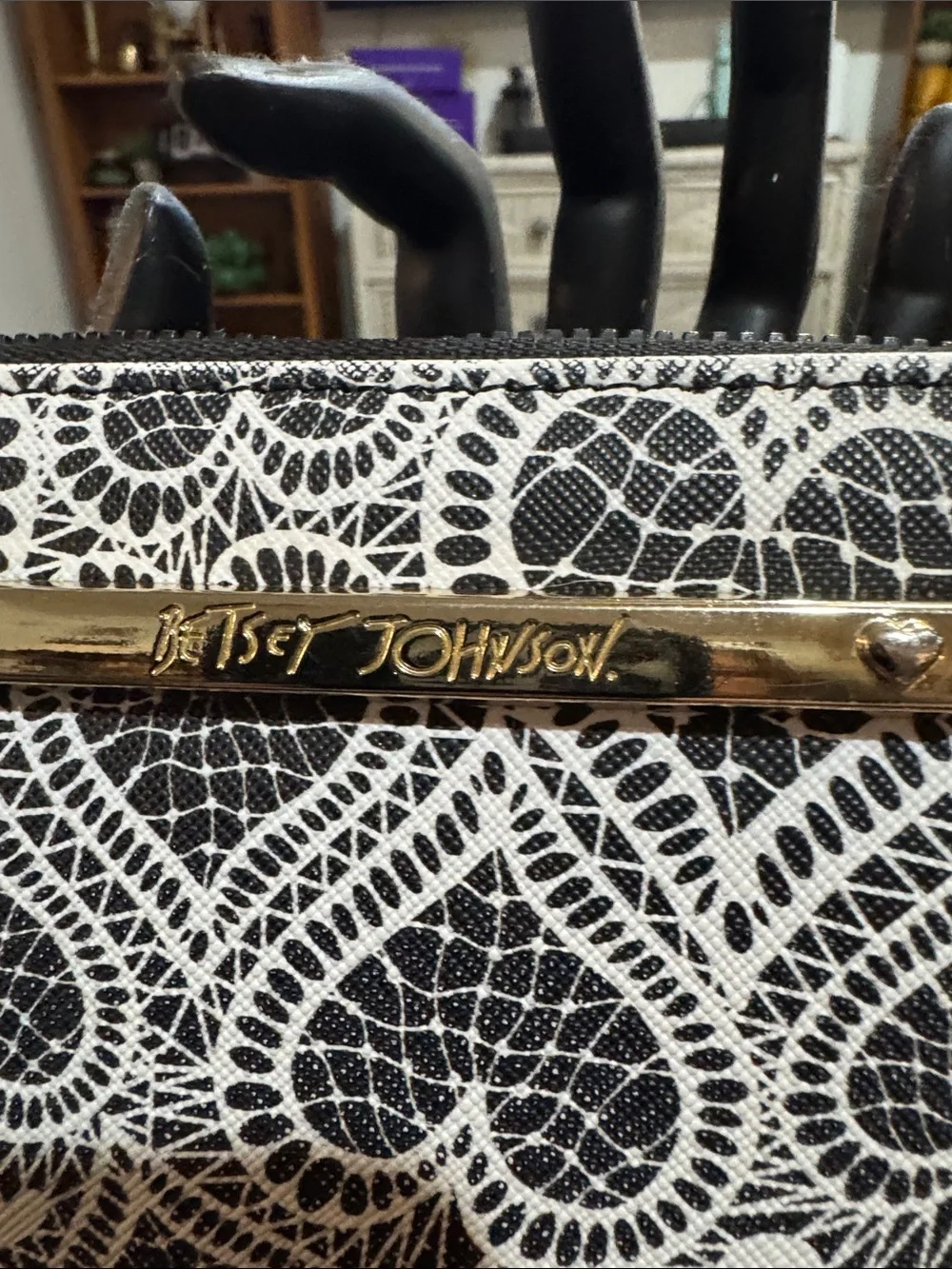 Betsey Johnson Black & White Lace & Heart Pattern Zip Wallet
